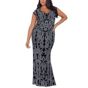 Betsy & Adam Womens Black Glitter Cap Sleeve Evening Dress Gown Plus NWT